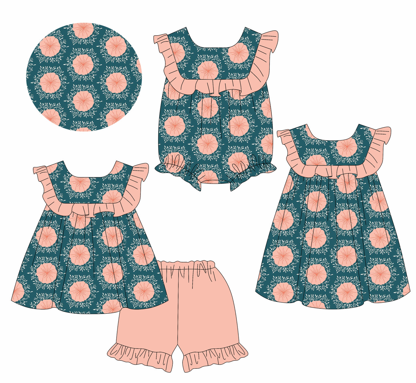2.11 custom each style moq 5eta 4-6week Sibling Sisters baby girl short sleeve shorts sets and dress and rompers match family design