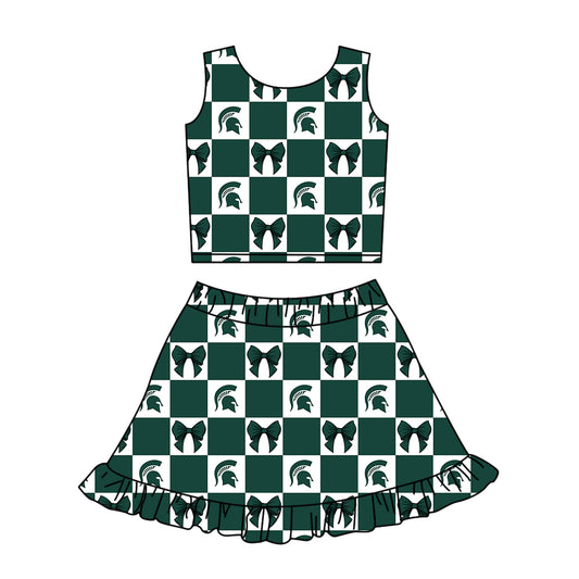 Custom moq 3 or 5 mix size milk silk summer teams baby girl clothes bow dark green sleeveless skirts sets-26.1.21