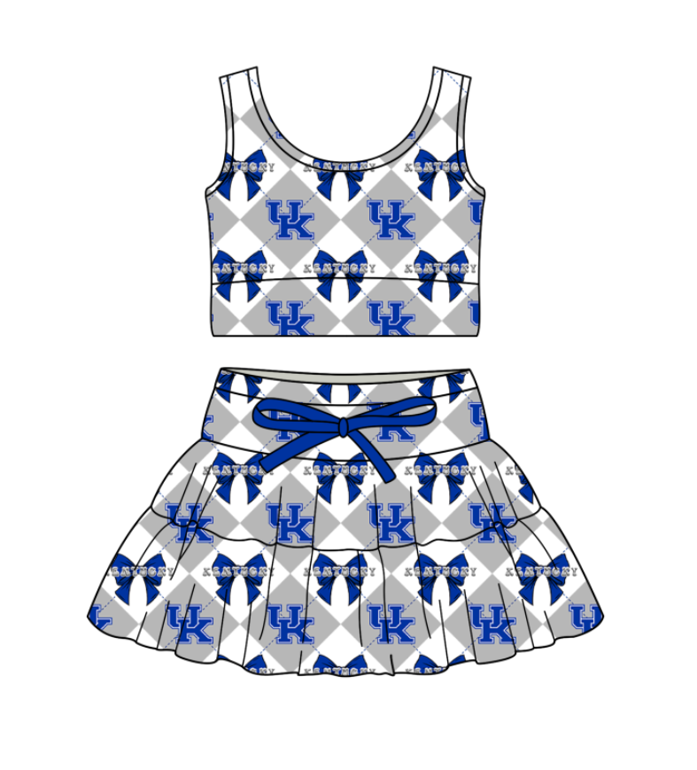 Custom moq 5 mix size blue   Plaid Baby Girl Sleeveless Top And Skirt Team Outfit Children's Clothing