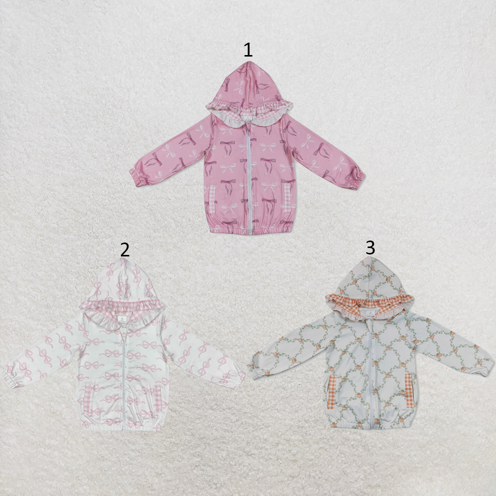 RTS NO MOQ Sibling milk silk Toddler Girls Pink Bow Print Hooded Zip Top Cardigan Jacket