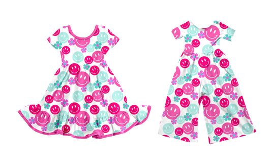25.9.19 custom each style moq 8 eta 6-8week Sibling Sisters smiley baby girl long sleeve dress and jumpsuit match family design