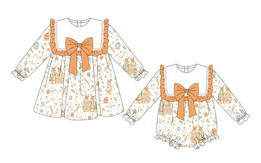 25.10.3 custom each style moq 8 eta 6-8week Sibling Sisters floral bunny baby girl short sleeve dress and rompers match family design