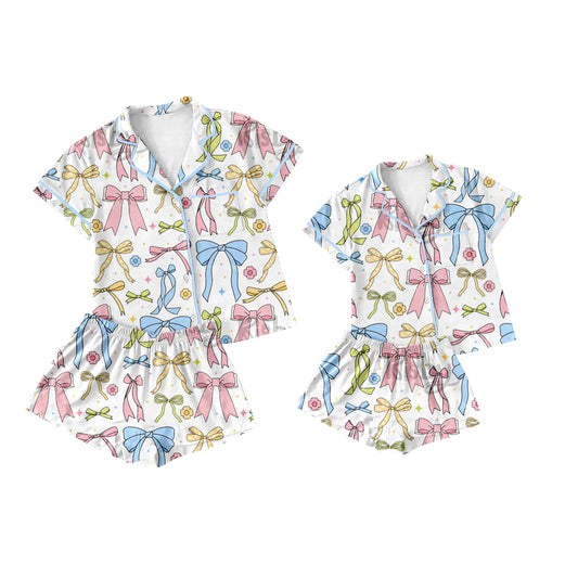 3.21 custom each style moq 5eta 4-6week Sibling Sister bow short sleeve shorts sets and adult sets match design