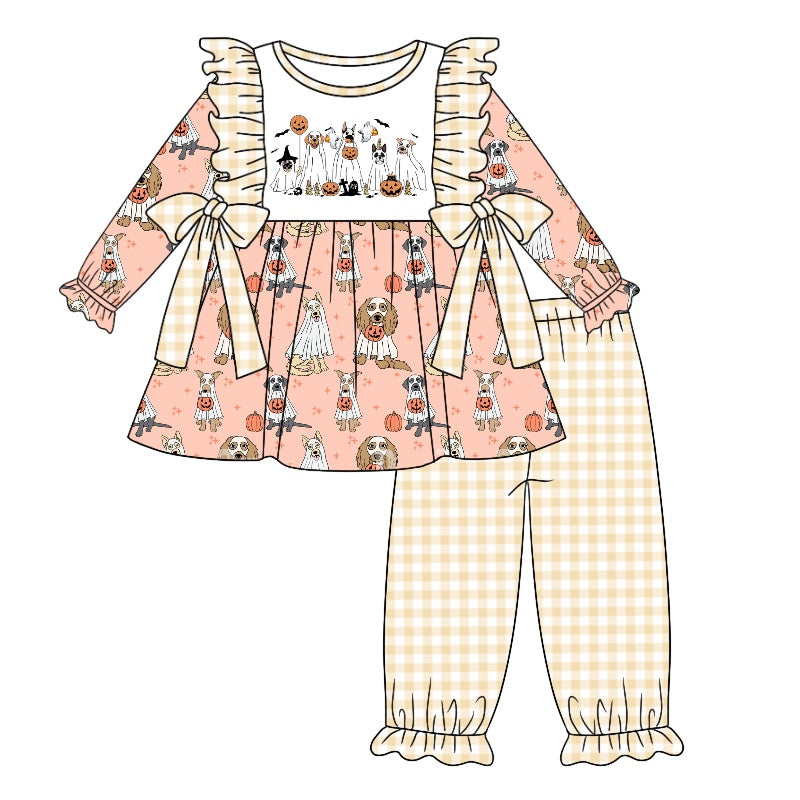 5.9custom each style moq 5eta 4-5week Sibling Sister Halloween style print pink girls outfits and baby rompers and dress match family design