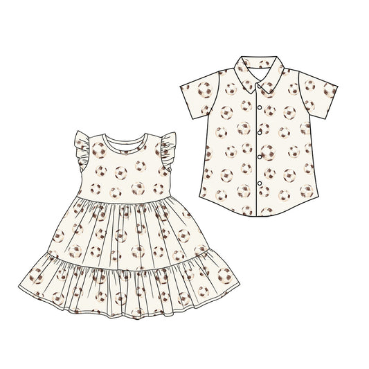 3.21 Custom moq 5 mix size Sibling Baby Girl's White Flutter Sleeves Knee-Length Dress Matching Boy's Short-Sleeved Button-Down Shirt Outfit Set