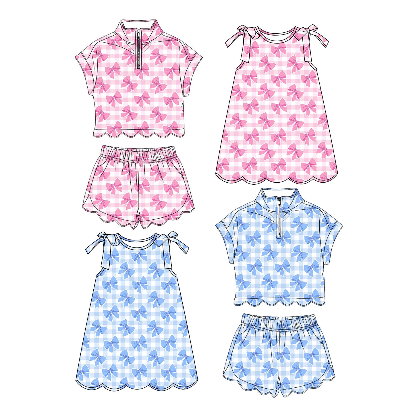 3.20Custom moq 5 mix size Sibling Baby Girls Bows Zipper Top Scallop Shorts Scallop Dress Summer Outfit