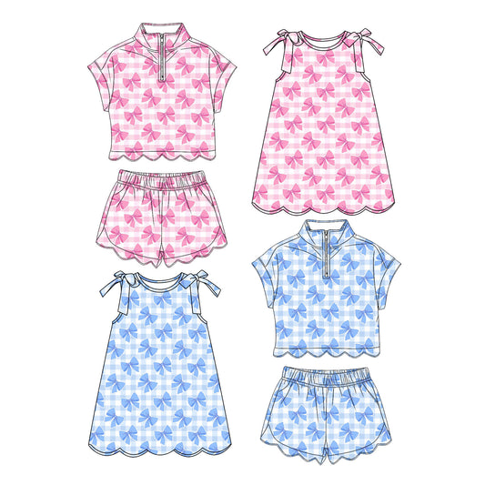 3.20Custom moq 5 mix size Sibling Baby Girls Bows Zipper Top Scallop Shorts Scallop Dress Summer Outfit