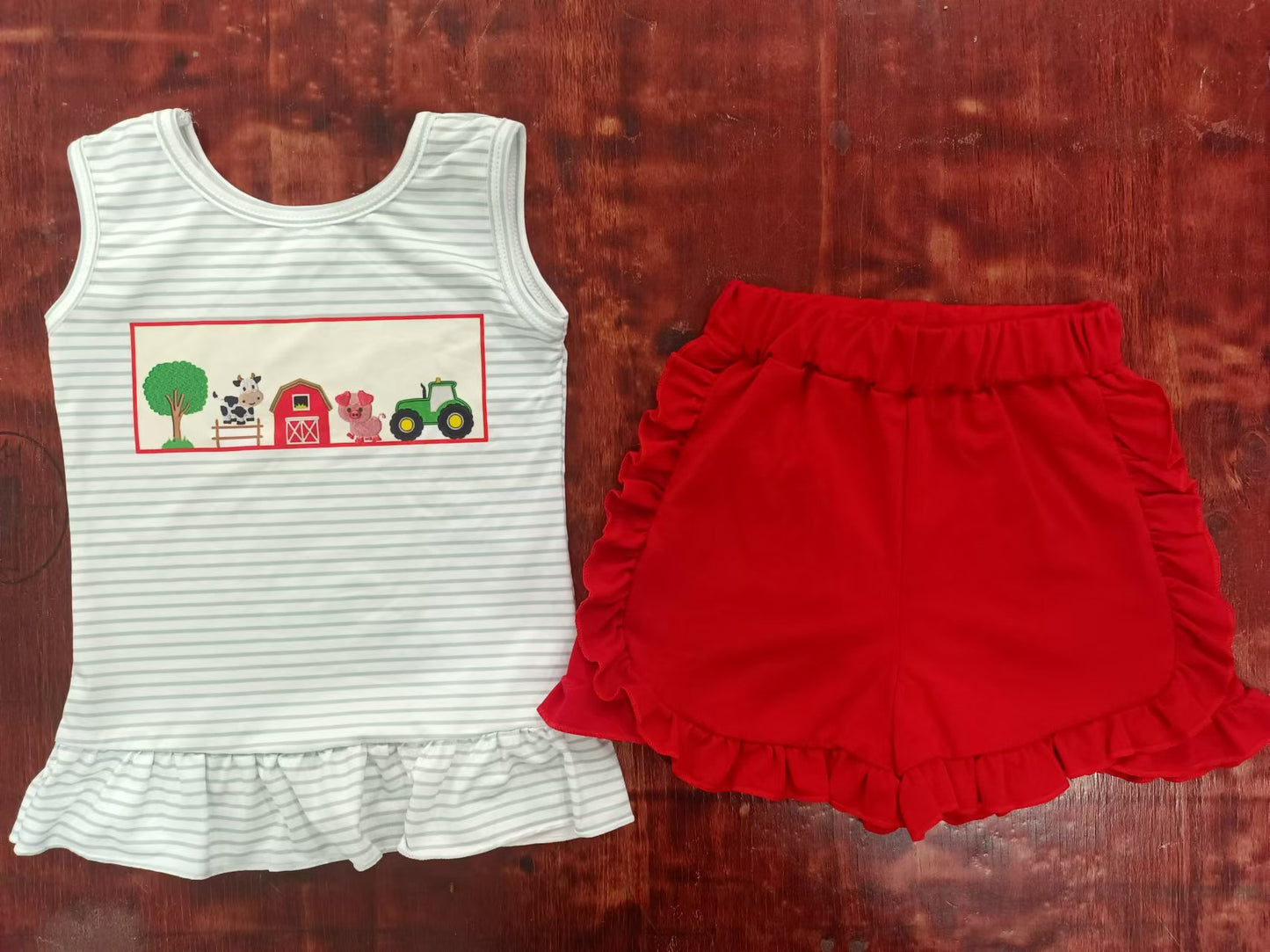 custom moq 5 eta 5weeks summer baby girls clothes farm sleeveless red shorts Set
