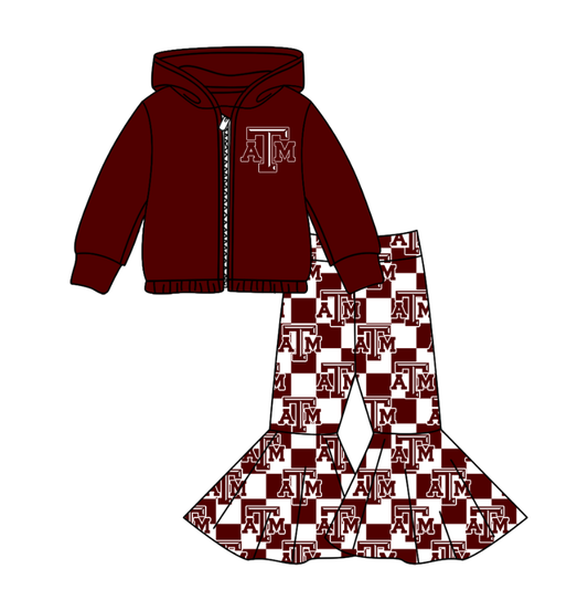 Custom moq 5 mix size milk silk summer teams baby girl clothes dark red hooded long sleeve pants sets-25.11.3
