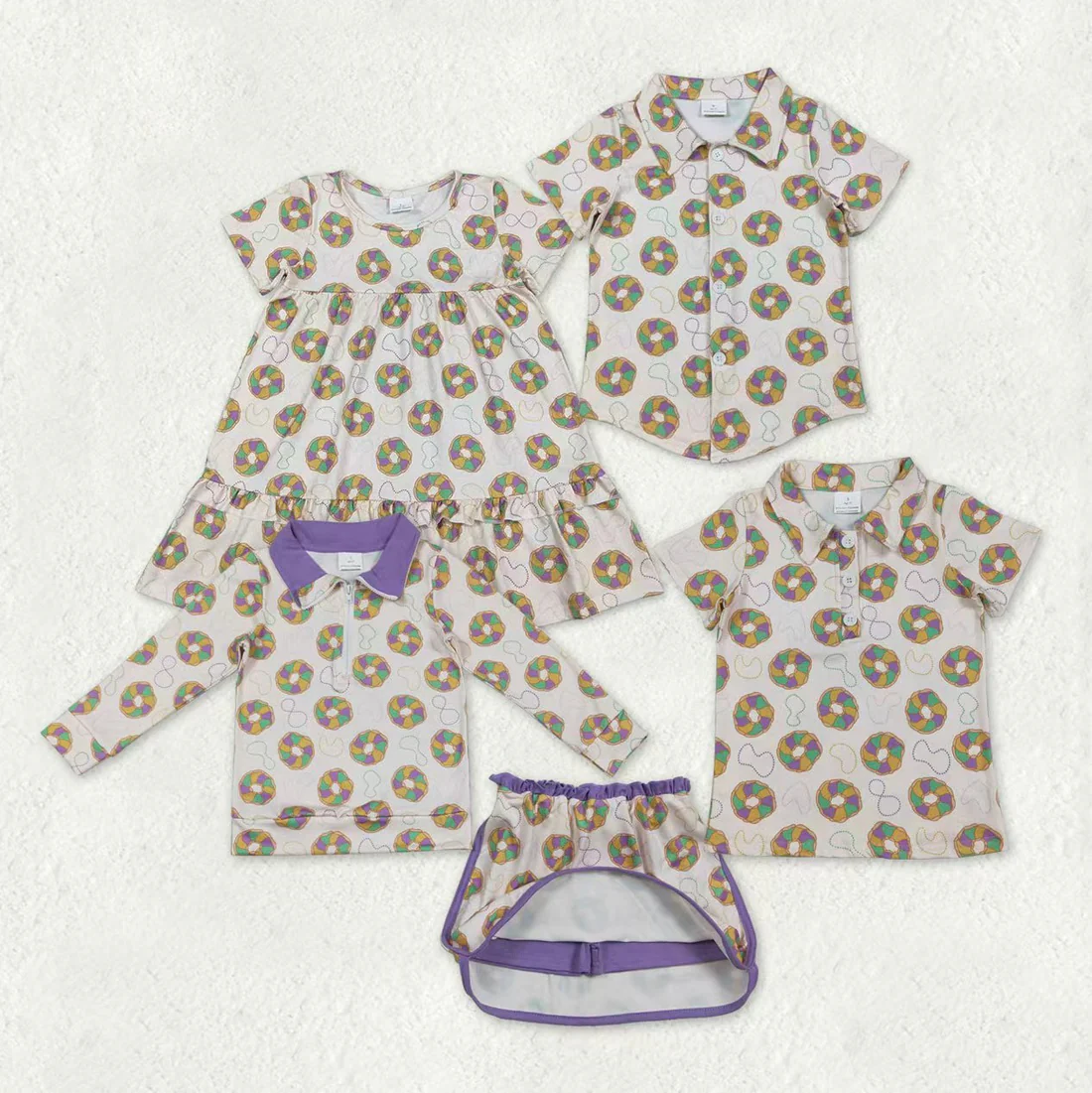 RTS NO MOQ Sibling baby girl boy clothes mardi gras nceklace short sleeve top and dresses and skirts sets