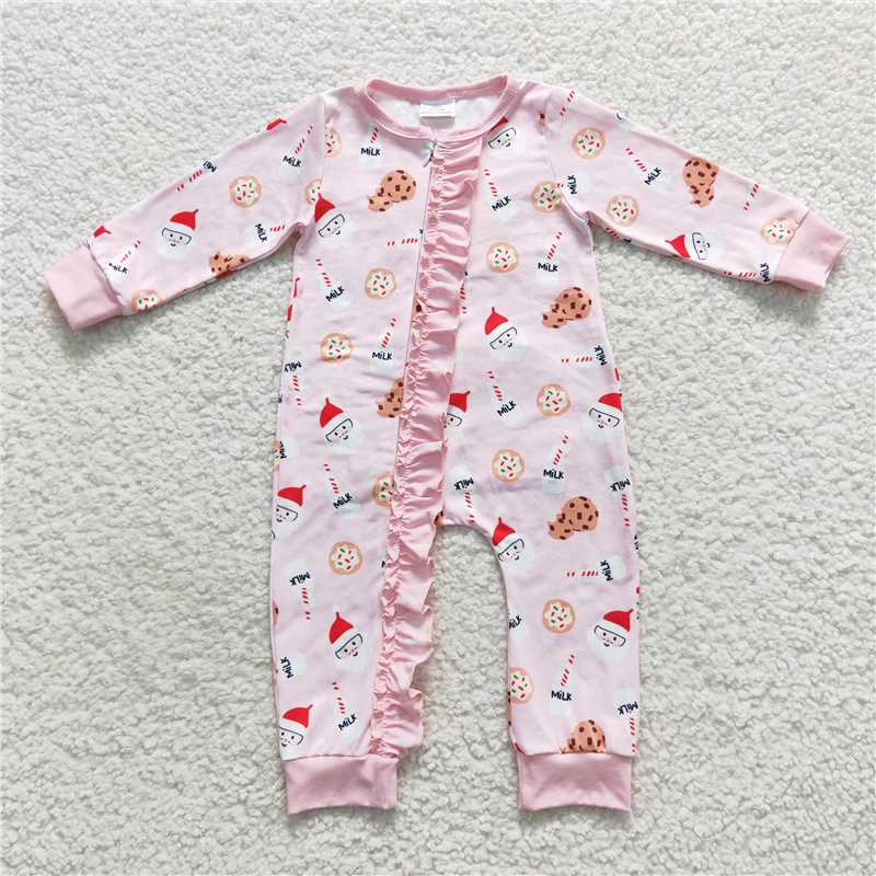 Baby Girls Milk & Cookies Santa Christmas Collection - Ruffle Zip Romper & Ruffle Button PJ Set