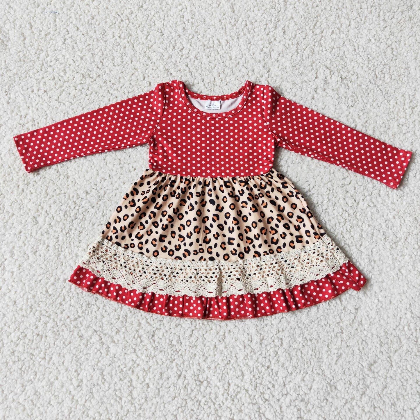 SALES  NEW Kids Red Leopard Print Lace Soft Dress Girls Clothing Elastic Waist Vintage Style Dress