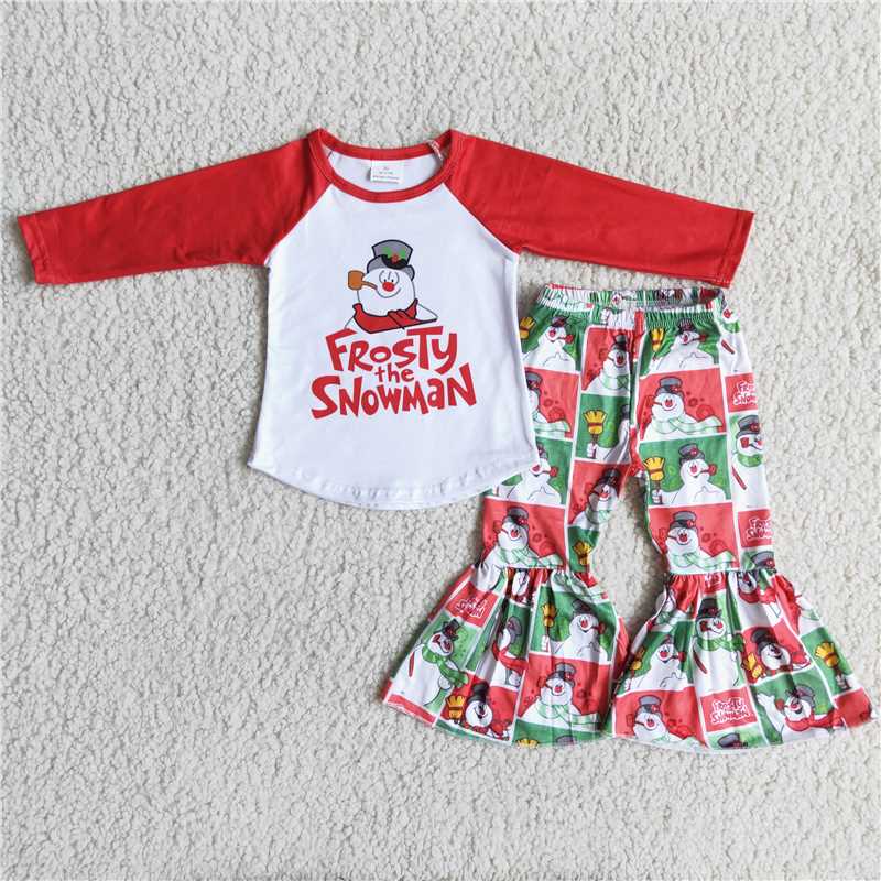 6 A2-2 Baby Girls Christmas Print Red Long Sleeve Top Bell Bottom Pants Casual Outfit Set