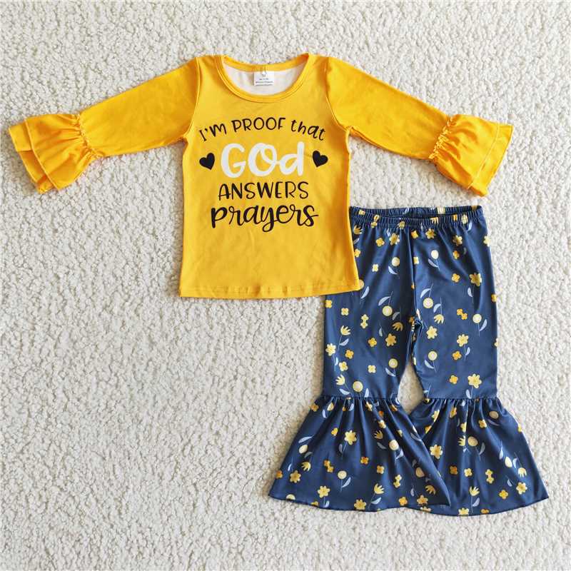 SALES NEW Baby Mustard Floral Bell Pants Sets God Answers Outfit Toddler Girl Clothing Set