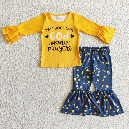 6 A3-30 Baby Girls Letter Print Long Sleeve Yellow Top Bell Bottom Pants Casual Outfit Set