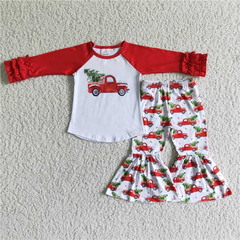 6 B9-19 Christmas Red Car Flared Pants