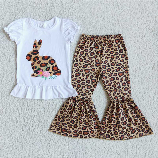SALES NEW Girls Rabbit Print Short Sleeve Top with Leopard Bell Bottoms Easter Themed Outfit Set