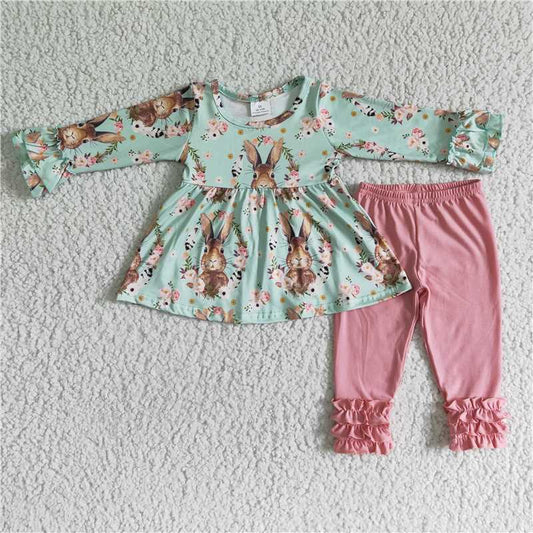 6 B10-36 Baby Girls Easter Cute Bunny Print Long Sleeve Top Elastic High Waist Casual Pants Set