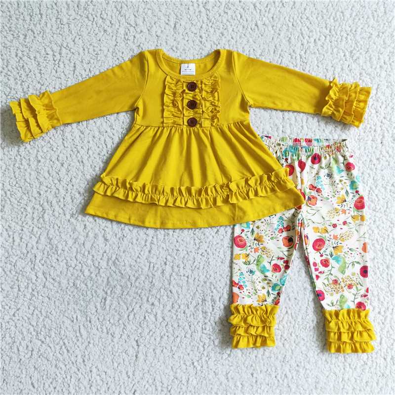 SALES  NEW Baby Mustard Floral Tunic Set with Leggings Girls Outfit Floral Print Long Sleeve Top And Trousers Ensemble for Ages 2-16