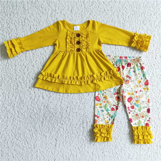 SALES  NEW Baby Mustard Floral Tunic Set with Leggings Girls Outfit Floral Print Long Sleeve Top And Trousers Ensemble for Ages 2-16