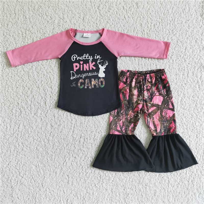 SALES NEW Baby Girls Camouflage Bell Pants Outfit Set Pretty in Pink Dangerous in Camo Clothes Set for Infants