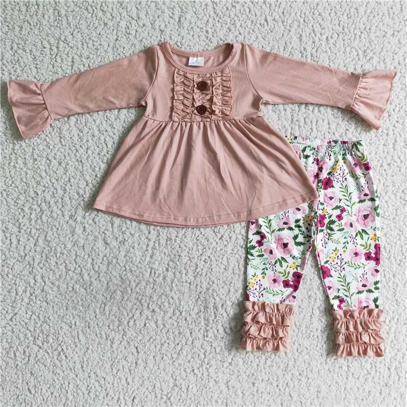 RTS NO MOQ Solid Color Lace Cuff Long Sleeve Top & Ruffle Hem Mixed Long Sleeve Pants Set