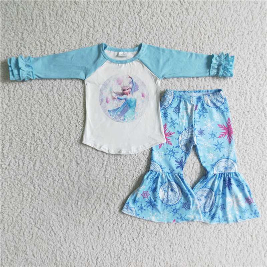 6 A26-28 Baby Girls Light Blue Print Long Sleeve Top Bell Bottom Pants Casual Outfit Set