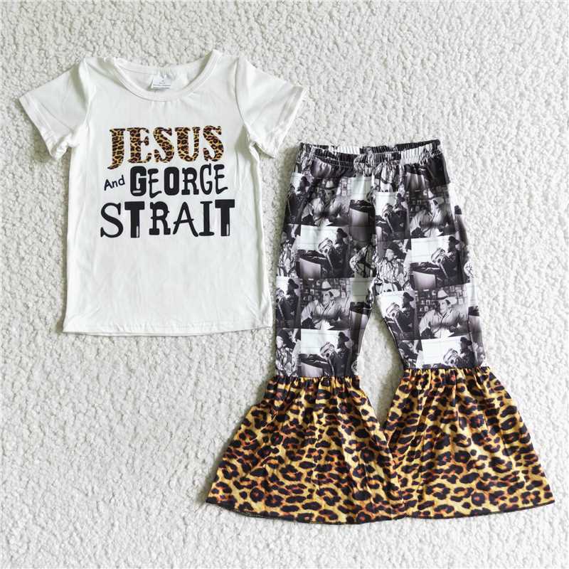 SALES NEW Girls White Short Sleeve Top with Grey Black Leopard Print Bell Bottom Pants Set Casual Outfit for Kids