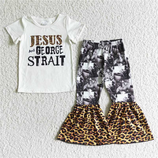 SALES NEW Girls White Short Sleeve Top with Grey Black Leopard Print Bell Bottom Pants Set Casual Outfit for Kids