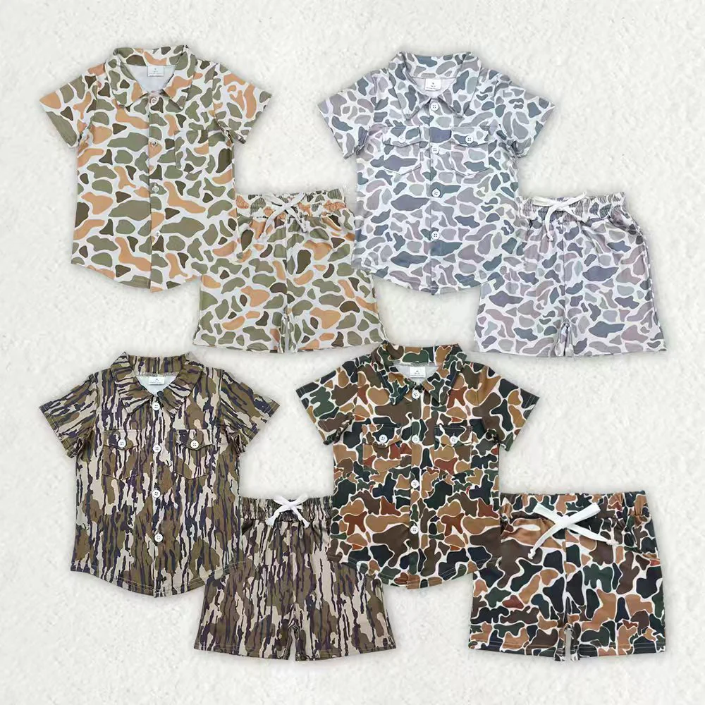 RTS NO MOQ Sibling baby boys clothes camouflage button short-sleeved shorts sets