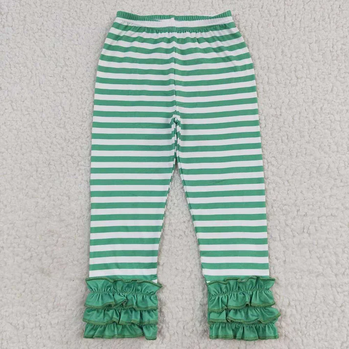 RTS NO MOQ Triple Lace Hem Stripe Trousers: Green & Red
