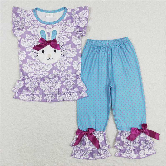 SALES NEW Purple Girls Rabbit Bow Tops And Pants Set with Flutter Sleeves Girls Outfit