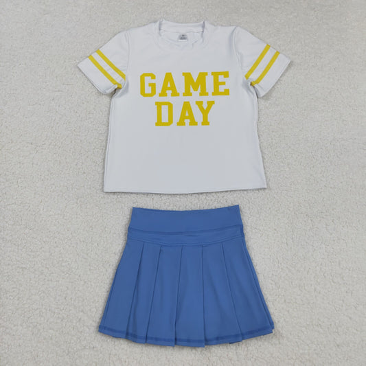 RTS NO MOQ（In Stock) GT1101+GLK0084 Game Day Offset Yellow Lettering Striped White Short-Sleeved Yoga Top Solid Blue Yoga Skirt set