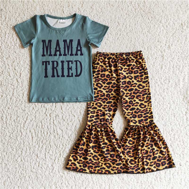 SALES NEW Baby Girl Lake BlueTop Leopard Bell Short Sleeve Set Baby Girl's Outfit Short Sided Set