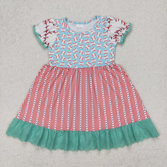 RTS NO MOQ（In Stock ) Baseball red striped lace short-sleeved dress