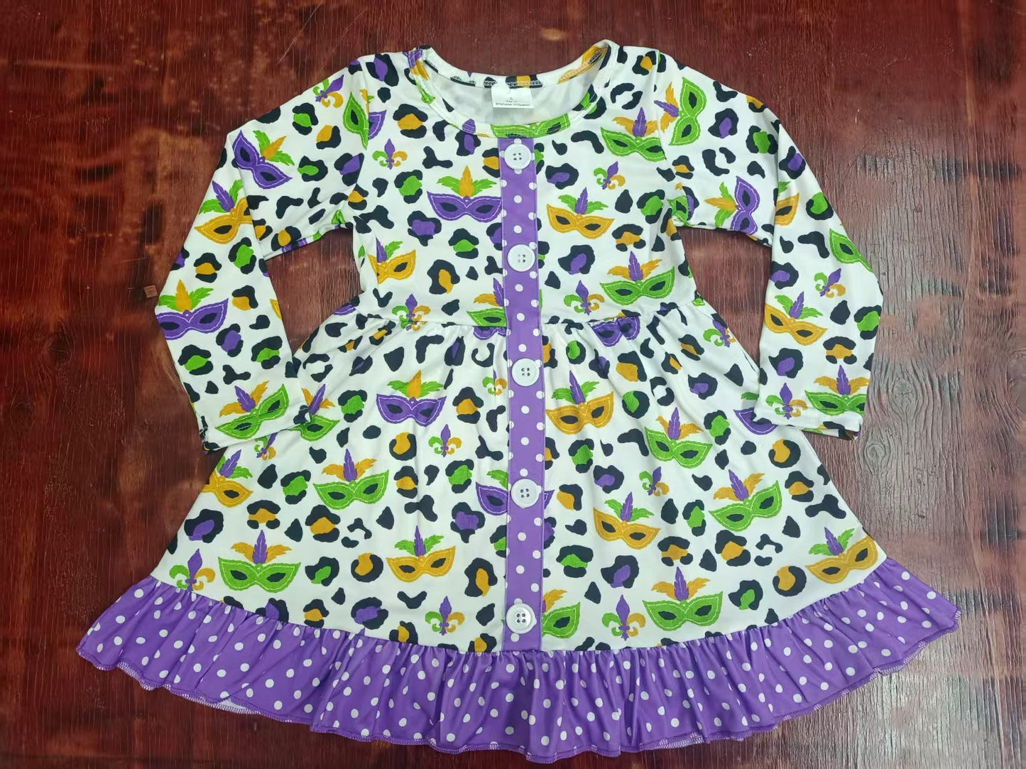 Custom moq 3 eta 6-7weeks baby girl clothes mardi gras leopard long sleeve dress