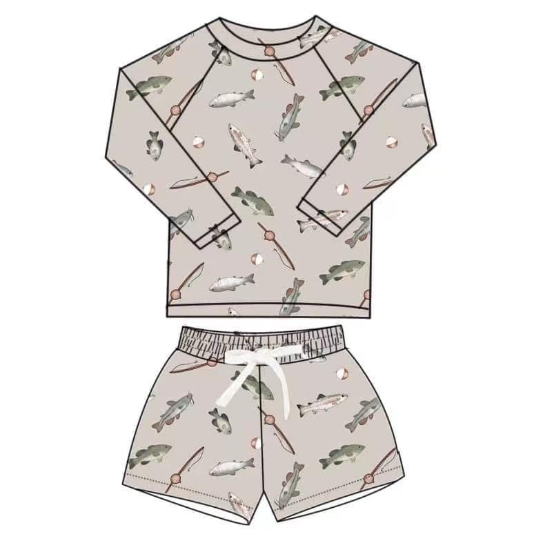 custom moq 5 eta 4-5weeks boys long sleeve swim sets fish sets