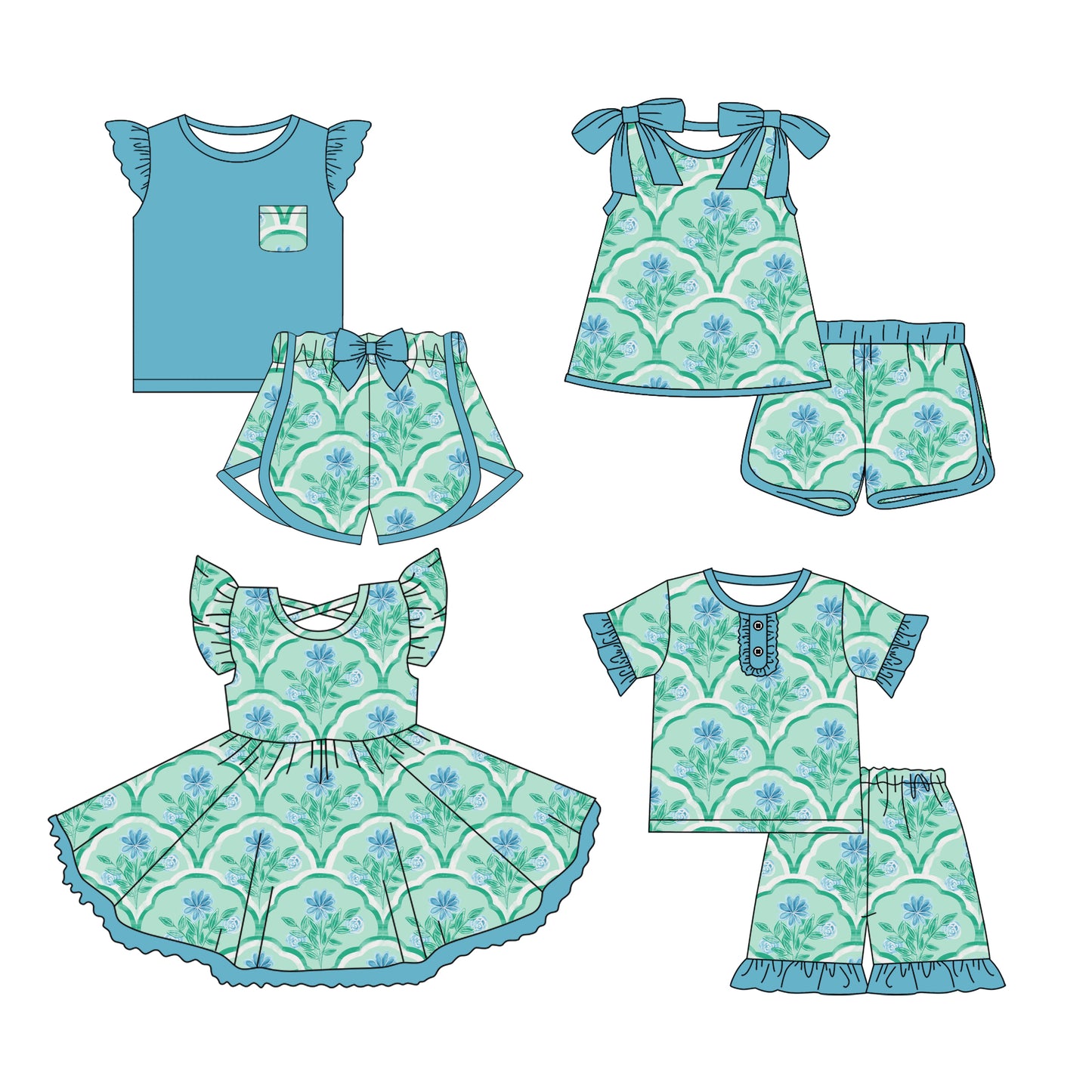 3.12 custom each style moq 5eta 4-6week Sibling Sister floral baby girls short sleeve set and set 2 and sets 3 and dress match design