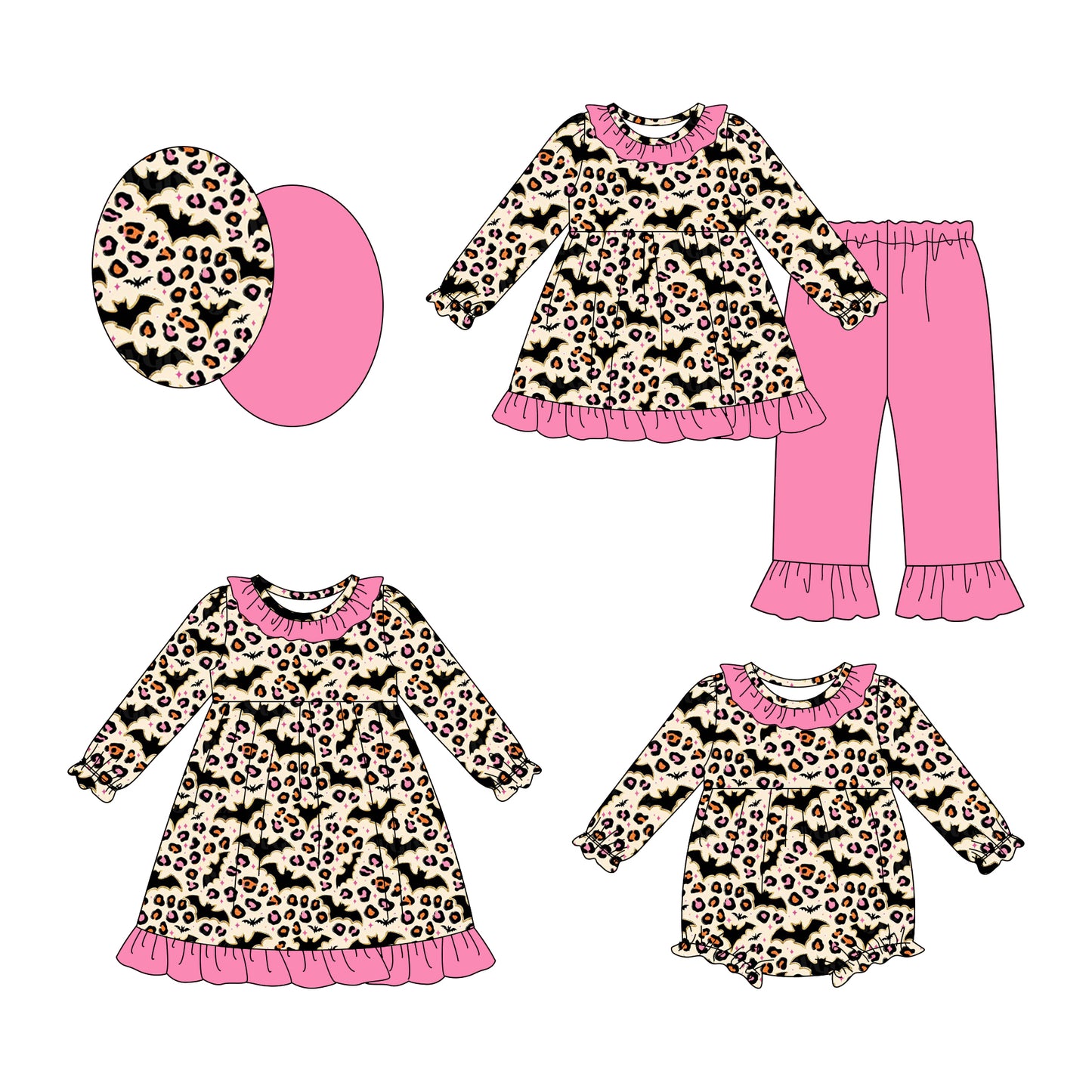 25.7.19 custom each style moq 5eta 4-6week Sibling Sisters leopard bat baby girl long sleeve pants sets and dress and rompers match family design