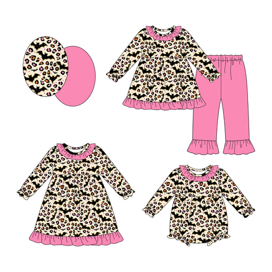 25.7.19 custom each style moq 5eta 4-6week Sibling Sisters leopard bat baby girl long sleeve pants sets and dress and rompers match family design