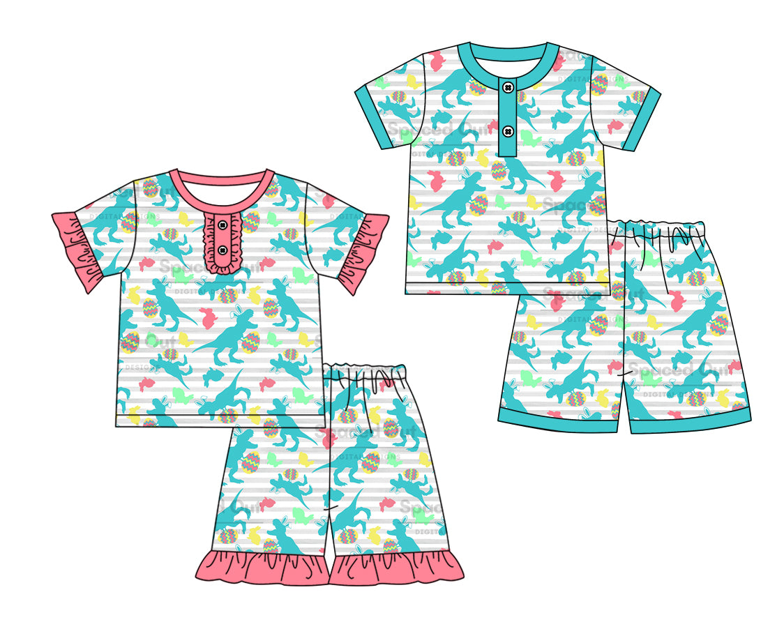 12.20 custom each style moq 5eta 4-6week Sibling Sister dinosaur baby girls short sleeve shorts sets 1 and sets 2 match design