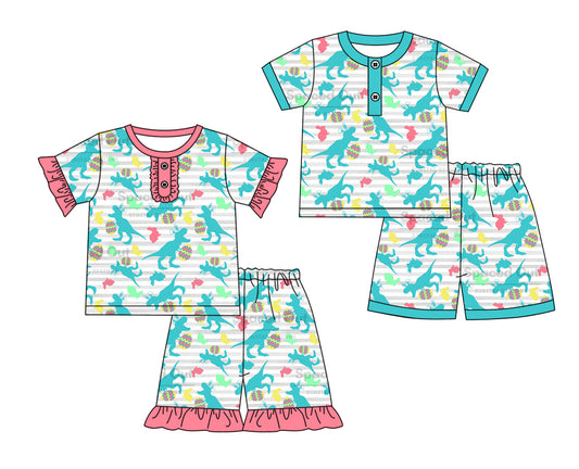 12.20 custom each style moq 5eta 4-6week Sibling Sister dinosaur baby girls short sleeve shorts sets 1 and sets 2 match design