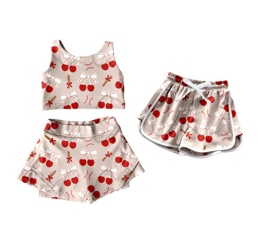 4.18 custom each style moq 5eta 4-6week Sibling Sister cherry bow baseball baby girls clothes Short sleeve yoga dress and shorts match family design