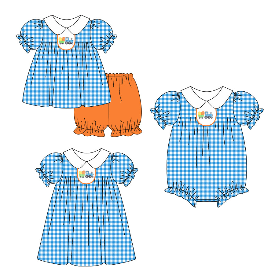 25.11.1 custom each style moq 5 eta 6-8week Sibling Sister easter baby short sleeve shorts sets and romper and dress match design