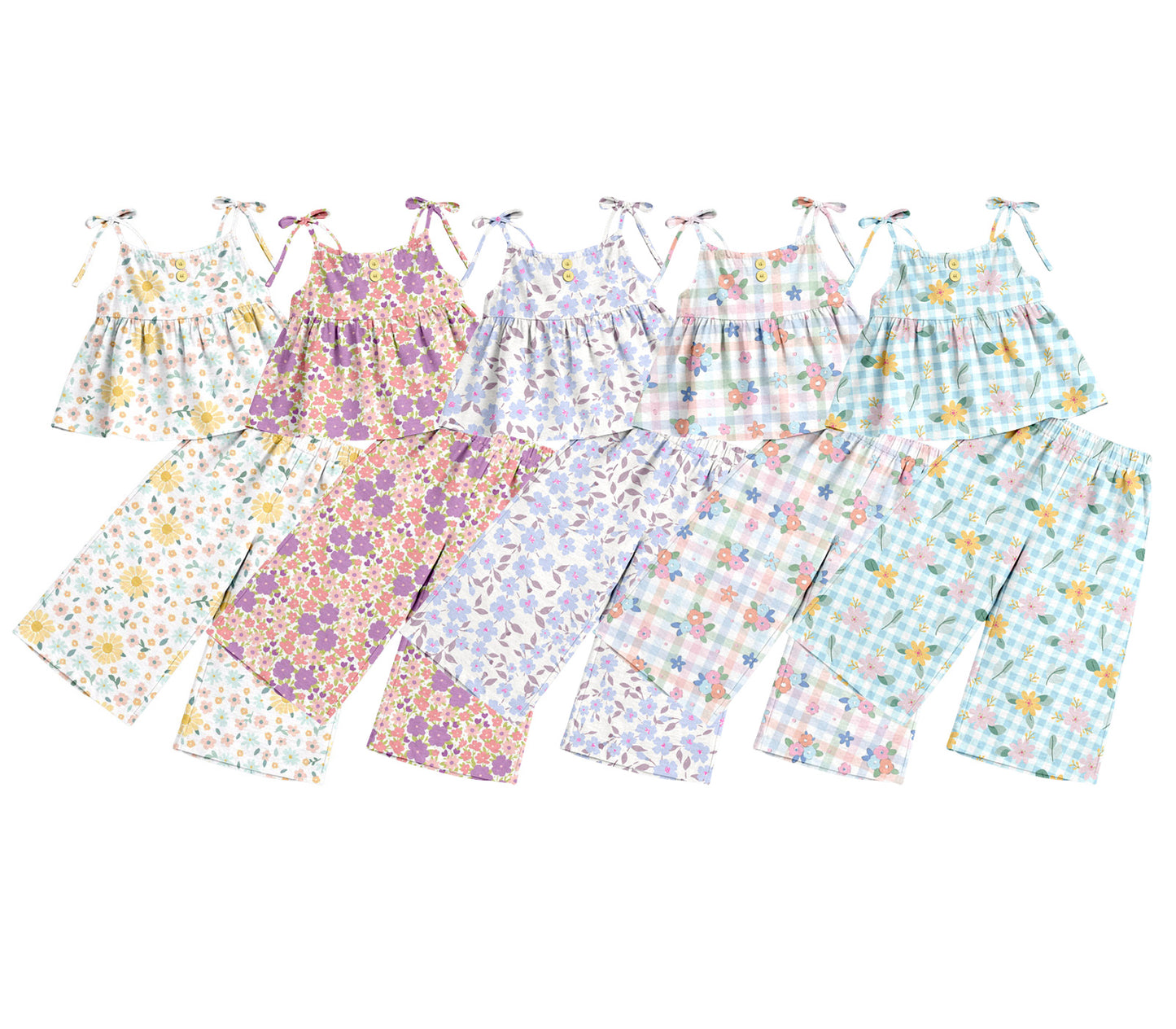 3.19 Custom moq 5 mix size Sibling Baby Girl's Colorful Flowers Strap Top And Pants Set Outfit