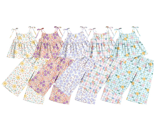 3.19 Custom moq 5 mix size Sibling Baby Girl's Colorful Flowers Strap Top And Pants Set Outfit