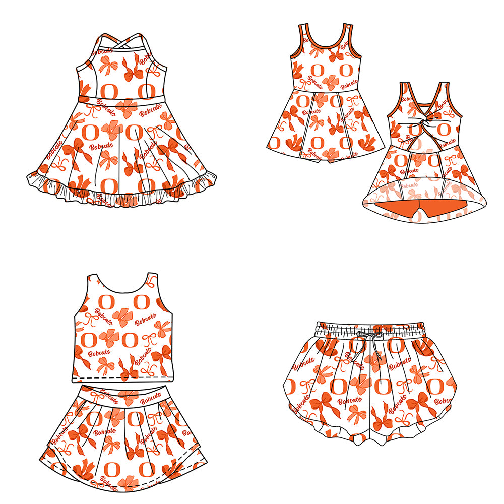 Custom moq 5 mix size milk silk summer teams Baby Girls Bow Orange Vest Top Skirt Shorts Sets Sleeveless Knee Length Dresses Yoga Shorts Yoga Active Outfit