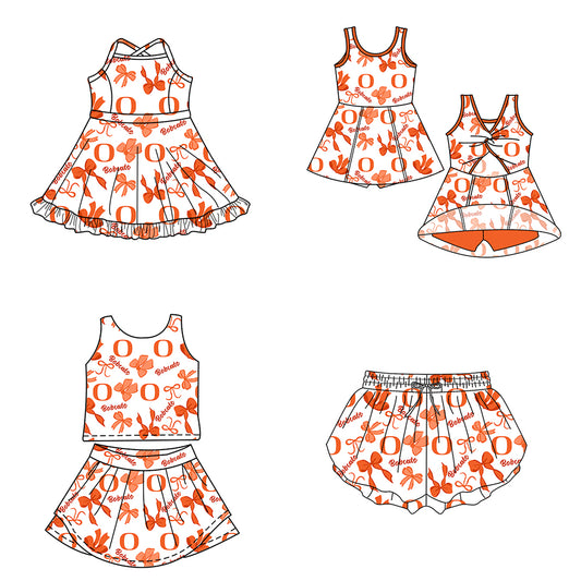 Custom moq 5 mix size milk silk summer teams Baby Girls Bow Orange Vest Top Skirt Shorts Sets Sleeveless Knee Length Dresses Yoga Shorts Yoga Active Outfit