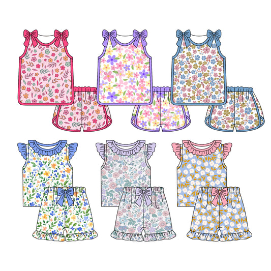 3.25 Custom moq 5 mix size Sibling Baby Girl's Flowers Top And Shorts Set Cute Casual Outfit