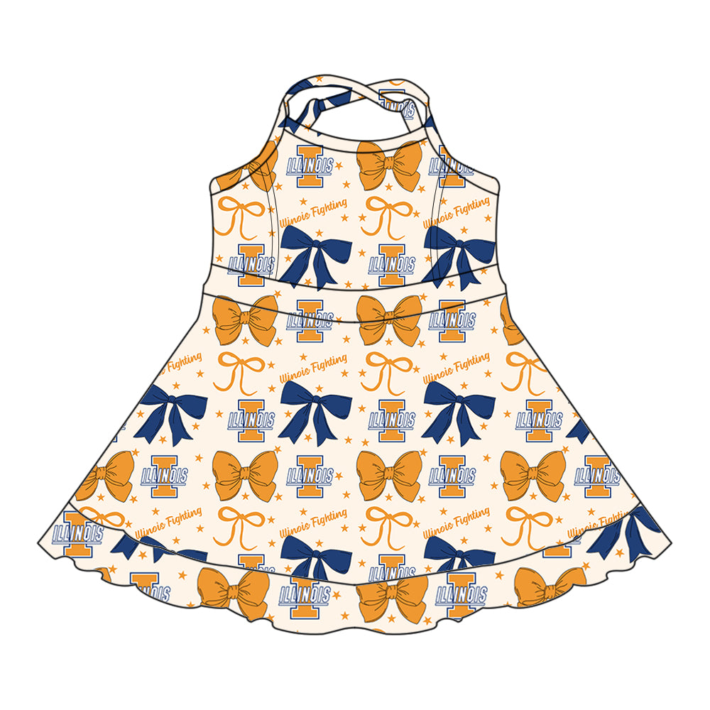 Custom moq 5 mix size milk silk summer teams baby girls clothes team bow orange sleeveless skirts sets and dress 1 and dress 2 and dress 3-25.6.25